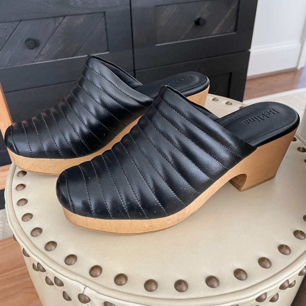 Beklina Black Lego Leather Ribbed Clog, Size 9